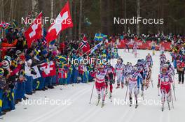 28.02.2015, Falun, Sweden (SWE): Marit Bjoergen (NOR), Sofia Bleckur (SWE), Therese Johaug (NOR), (l-r)  - FIS nordic world ski championships, cross-country, 30km women, Falun (SWE). www.nordicfocus.com. © NordicFocus. Every downloaded picture is fee-liable.