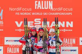 28.02.2015, Falun, Sweden (SWE): Marit Bjoergen (NOR), Therese Johaug (NOR), Charlotte Kalla (SWE), (l-r)  - FIS nordic world ski championships, cross-country, 30km women, Falun (SWE). www.nordicfocus.com. © NordicFocus. Every downloaded picture is fee-liable.