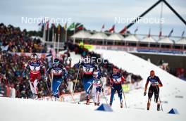 19.02.2015, Falun, Sweden (SWE): Maiken Caspersen Falla (NOR), Kerttu Niskanen (FIN), Mona-Lisa Malvalehto (FIN), Ida Sargent (USA), Anastasia Dotsenko (RUS), Denise Herrmann (GER), (l-r)  - FIS nordic world ski championships, cross-country, individual sprint, Falun (SWE). www.nordicfocus.com. © NordicFocus. Every downloaded picture is fee-liable.