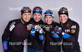 26.02.2015, Falun, Sweden (SWE): Aino-Kaisa Saarinen (FIN), Kerttu Niskanen (FIN), Riitta-Liisa Roponen (FIN), Krista Parmakoski (FIN), (l-r)  - FIS nordic world ski championships, cross-country, medals, Falun (SWE). www.nordicfocus.com. © NordicFocus. Every downloaded picture is fee-liable.