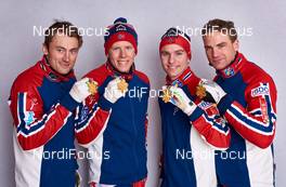 27.02.2015, Falun, Sweden (SWE): Petter Northug (NOR), Anders Gloeersen (NOR), Didrik Toenseth (NOR), Niklas Dyrhaug (NOR), (l-r)  - FIS nordic world ski championships, cross-country, medals, Falun (SWE). www.nordicfocus.com. © NordicFocus. Every downloaded picture is fee-liable.