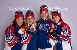 26.02.2015, Falun, Sweden (SWE): Marit Bjoergen (NOR), Therese Johaug (NOR), Astrid Uhrenholdt Jacobsen (NOR), Heidi Weng (NOR), (l-r)  - FIS nordic world ski championships, cross-country, medals, Falun (SWE). www.nordicfocus.com. © NordicFocus. Every downloaded picture is fee-liable.