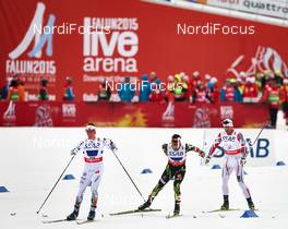 27.02.2015, Falun, Sweden (SWE): Calle Halfvarsson (SWE), Adrien Backscheider (FRA), Petter Northug (NOR), (l-r)  - FIS nordic world ski championships, cross-country, 4x10km men, Falun (SWE). www.nordicfocus.com. © NordicFocus. Every downloaded picture is fee-liable.