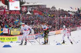 27.02.2015, Falun, Sweden (SWE): Calle Halfvarsson (SWE), Adrien Backscheider (FRA), Petter Northug (NOR) - FIS nordic world ski championships, cross-country, 4x10km men, Falun (SWE). www.nordicfocus.com. © NordicFocus. Every downloaded picture is fee-liable.