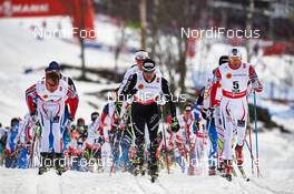 21.02.2015, Falun, Sweden (SWE): Petter Northug (NOR), Dario Cologna (SUI), Niklas Dyrhaug (NOR), (l-r)  - FIS nordic world ski championships, cross-country, skiathlon men, Falun (SWE). www.nordicfocus.com. © NordicFocus. Every downloaded picture is fee-liable.