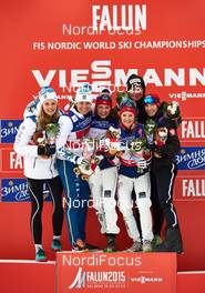 22.02.2015, Falun, Sweden (SWE): Stina Nilsson (SWE), Ida Ingemarsdotter (SWE), Ingvild Flugstad Oestberg (NOR), Maiken Caspersen Falla (NOR), Justyna Kowalczyk (POL), Sylwia Jaskowiec (POL), (l-r) - FIS nordic world ski championships, cross-country, team sprint, Falun (SWE). www.nordicfocus.com. © NordicFocus. Every downloaded picture is fee-liable.