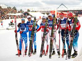 22.02.2015, Falun, Sweden (SWE): Federico Pellegrino (ITA), Dietmar Noeckler (ITA), Finn Haagen Krogh (NOR), Petter Northug (NOR), Nikita Kriukov (RUS), Alexey Petukhov (RUS), (l-r)  - FIS nordic world ski championships, cross-country, team sprint, Falun (SWE). www.nordicfocus.com. © NordicFocus. Every downloaded picture is fee-liable.