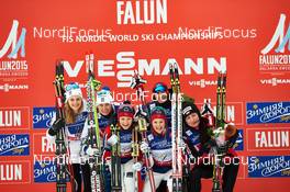22.02.2015, Falun, Sweden (SWE): Stina Nilsson (SWE), Ida Ingemarsdotter (SWE), Ingvild Flugstad Oestberg (NOR), Maiken Caspersen Falla (NOR), Justyna Kowalczyk (POL), Sylwia Jaskowiec (POL), (l-r) - FIS nordic world ski championships, cross-country, team sprint, Falun (SWE). www.nordicfocus.com. © NordicFocus. Every downloaded picture is fee-liable.