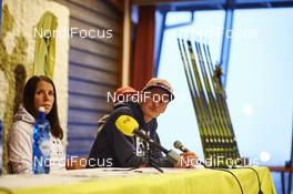26.11.2015, Ruka, Finland (FIN): Fischer press conference, Charlotte Kalla (SWE), Severin Freund (GER),  (l-r)   - FIS world cup cross-country, training, Ruka (FIN). www.nordicfocus.com. © Felgenhauer/NordicFocus. Every downloaded picture is fee-liable.