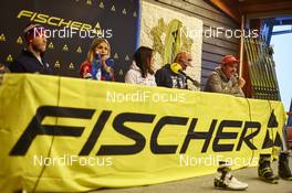 26.11.2015, Ruka, Finland (FIN): Fischer press conference, Martin Johnsrud Sundby (NOR), Therese Johaug (NOR), Charlotte Kalla (SWE), Severin Freund (GER), Johannes Rydzek (GER), (l-r)   - FIS world cup cross-country, training, Ruka (FIN). www.nordicfocus.com. © Felgenhauer/NordicFocus. Every downloaded picture is fee-liable.