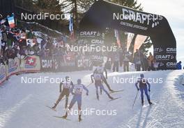 12.12.2015, Davos, Switzerland (SUI): Thomas Bing (GER), Andrey Larkov (RUS), Matti Heikkinen (FIN), Dario Cologna (SUI), Perttu Hyvarinen (FIN), (l-r)  - FIS world cup cross-country, 30km men, Davos (SUI). www.nordicfocus.com. © Felgenhauer/NordicFocus. Every downloaded picture is fee-liable.