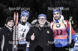11.12.2015, Hochfilzen, Austria (AUT): Simon Schempp (GER), Martin Fourcade (FRA), (l-r), Werner Brombach (GER) CEO Privatbrauerei Erdinger Weissbraeu Werner Brombach GmbH, (l-r) -  IBU world cup biathlon, sprint men, Hochfilzen (AUT). www.nordicfocus.com. © Manzoni/NordicFocus. Every downloaded picture is fee-liable.