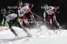 01.02.2015, Val di Fiemme, Italy (ITA): Francois Braud (FRA), Bernhard Gruber (AUT), Wilhelm Denifl (AUT), (l-r) - FIS world cup nordic combined, individual gundersen HS134/10km, Val di Fiemme (ITA). www.nordicfocus.com. © Modica/NordicFocus. Every downloaded picture is fee-liable.