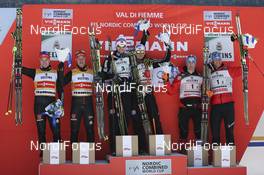 31.01.2015, Val di Fiemme, Italy (ITA): Fabian Riessle (GER) and Manuel Faisst (GER) with Joergen Graabak (NOR), Jan Schmid (NOR) and Bernhard Gruber (AUT) and Sepp Schneider (AUT) - FIS world cup nordic combined, team sprint HS134/2x7.5km, Val di Fiemme (ITA). www.nordicfocus.com. © Modica/NordicFocus. Every downloaded picture is fee-liable.