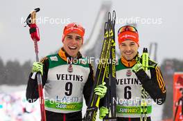 06.03.2015, Lahti, Finland (FIN): (l-r) Johannes Rydzek (GER), Fischer, Swix, Rottefella, Adidas and Fabian Riessle (GER), Fischer, One Way, Rottefella, Adidas - FIS world cup nordic combined, individual gundersen HS130/10km, Lahti (FIN). www.nordicfocus.com. © Laiho/NordicFocus. Every downloaded picture is fee-liable.