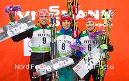 06.03.2015, Lahti, Finland (FIN): (l-r) Johannes Rydzek (GER), Fischer, Swix, Rottefella, Adidas, Akito Watabe (JPN), Fischer, Swix and Fabian Riessle (GER), Fischer, One Way, Rottefella, Adidas - FIS world cup nordic combined, individual gundersen HS130/10km, Lahti (FIN). www.nordicfocus.com. © Laiho/NordicFocus. Every downloaded picture is fee-liable.
