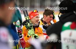 07.03.2015, Lahti, Finland (FIN): (l-r) Fabian Riessle (GER), Fischer, One Way, Rottefella, Adidas and Johannes Rydzek (GER), Fischer, Swix, Rottefella, Adidas holding his head - FIS world cup nordic combined, team sprint HS130/2x7.5km, Lahti (FIN). www.nordicfocus.com. © Laiho/NordicFocus. Every downloaded picture is fee-liable.