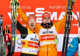 07.03.2015, Lahti, Finland (FIN): (l-r) Fabian Riessle (GER), Fischer, One Way, Rottefella, Adidas and Johannes Rydzek (GER), Fischer, Swix, Rottefella, Adidas - FIS world cup nordic combined, team sprint HS130/2x7.5km, Lahti (FIN). www.nordicfocus.com. © Laiho/NordicFocus. Every downloaded picture is fee-liable.