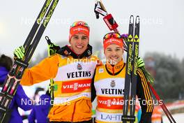 07.03.2015, Lahti, Finland (FIN): (l-r) Johannes Rydzek (GER), Fischer, Swix, Rottefella, Adidas and Fabian Riessle (GER), Fischer, One Way, Rottefella, Adidas - FIS world cup nordic combined, team sprint HS130/2x7.5km, Lahti (FIN). www.nordicfocus.com. © Laiho/NordicFocus. Every downloaded picture is fee-liable.