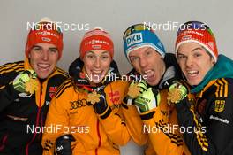 22.02.2015, Falun, Sweden (SWE): Johannes Rydzek (GER), Eric Frenzel (GER), Tino Edelmann (GER), Fabian Riessle (GER), (l-r)  - FIS nordic world ski championships, nordic combined, medals, Falun (SWE). www.nordicfocus.com. © NordicFocus. Every downloaded picture is fee-liable.