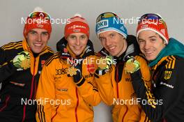 22.02.2015, Falun, Sweden (SWE): Johannes Rydzek (GER), Eric Frenzel (GER), Tino Edelmann (GER), Fabian Riessle (GER), (l-r)  - FIS nordic world ski championships, nordic combined, medals, Falun (SWE). www.nordicfocus.com. © NordicFocus. Every downloaded picture is fee-liable.