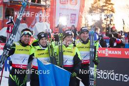 22.02.2015, Falun, Sweden (SWE): Jason Lamy-Chappuis (FRA), Maxime Laheurte (FRA), Sebastien Lacroix (FRA), Francois Braud (FRA) - FIS nordic world ski championships, nordic combined, team HS100/4x5km, Falun (SWE). www.nordicfocus.com. © NordicFocus. Every downloaded picture is fee-liable.