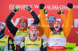 22.02.2015, Falun, Sweden (SWE): Johannes Rydzek (GER), Tino Edelmann (GER), Eric Frenzel (GER), Fabian Riessle (GER) - FIS nordic world ski championships, nordic combined, team HS100/4x5km, Falun (SWE). www.nordicfocus.com. © NordicFocus. Every downloaded picture is fee-liable.