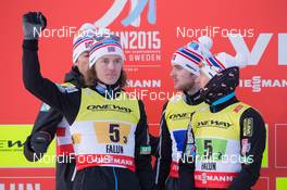 22.02.2015, Falun, Sweden (SWE): Mikko Kokslien (NOR), Magnus Moan (NOR), Havard Klemetsen (NOR), Joergen Graabak (NOR) - FIS nordic world ski championships, nordic combined, team HS100/4x5km, Falun (SWE). www.nordicfocus.com. © NordicFocus. Every downloaded picture is fee-liable.
