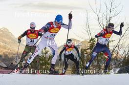 19.12.2015, Ramsau, Austria (AUT): Jakob Lange (GER), Bryan Fletcher (USA), Tim Hug (SUI), Mikko Kokslien (NOR), (l-r)  - FIS world cup nordic combined, individual gundersen HS96/10km, Ramsau (AUT). www.nordicfocus.com. © Felgenhauer/NordicFocus. Every downloaded picture is fee-liable.