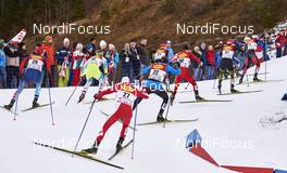 19.12.2015, Ramsau, Austria (AUT): Ernest Yahin (RUS), Marjan Jelenko (SLO), Adam Cieslar (POL), Jakob Lange (GER), Hideaki Nagai (JPN), Johannes Rydzek (GER), (l-r)  - FIS world cup nordic combined, individual gundersen HS96/10km, Ramsau (AUT). www.nordicfocus.com. © Felgenhauer/NordicFocus. Every downloaded picture is fee-liable.