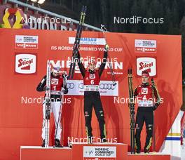 20.12.2015, Ramsau, Austria (AUT): Jarl Magnus Riiber (NOR), Eric Frenzel (GER), Manuel Faisst (GER), (l-r) - FIS world cup nordic combined, individual gundersen HS96/10km, Ramsau (AUT). www.nordicfocus.com. © Felgenhauer/NordicFocus. Every downloaded picture is fee-liable.
