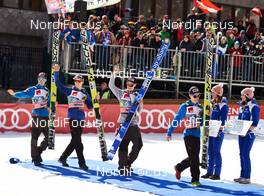 21.03.2015, Planica, Slovenia (SLO): Gregor Schlierenzauer (AUT), Michael Hayboeck (AUT), Manuel Fettner (AUT), Stefan Kraft (AUT), (l-r)  - FIS world cup ski jumping, team HS215, Planica (SLO). www.nordicfocus.com. © Felgenhauer/NordicFocus. Every downloaded picture is fee-liable.