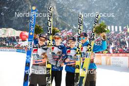 21.03.2015, Planica, Slovenia (SLO): Manuel Fettner (AUT), Michael Hayboeck (AUT), Stefan Kraft (AUT), Gregor Schlierenzauer (AUT), (l-r)  - FIS world cup ski jumping, team HS215, Planica (SLO). www.nordicfocus.com. © Felgenhauer/NordicFocus. Every downloaded picture is fee-liable.