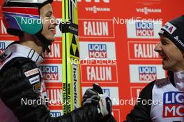 21.02.2015, Falun, Sweden (SWE): Gregor Deschwanden (SUI), Simon Ammann (SUI), (l-r)  - FIS nordic world ski championships, ski jumping, individual HS100, Falun (SWE). www.nordicfocus.com. © NordicFocus. Every downloaded picture is fee-liable.