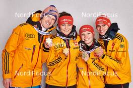 22.02.2015, Falun, Sweden (SWE): Severin Freund (GER), Carina Vogt (GER), Katharina Althaus (GER), Richard Freitag (GER), (l-r)  - FIS nordic world ski championships, ski jumping, medals, Falun (SWE). www.nordicfocus.com. © NordicFocus. Every downloaded picture is fee-liable.