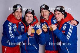 28.02.2015, Falun, Sweden (SWE): Anders Bardal (NOR), Anders Jacobsen (NOR), Rune Velta (NOR), Anders Fannemel (NOR), (l-r)  - FIS nordic world ski championships, ski jumping, medals, Falun (SWE). www.nordicfocus.com. © NordicFocus. Every downloaded picture is fee-liable.