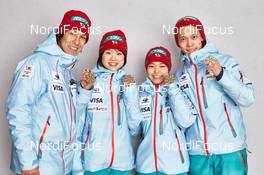 22.02.2015, Falun, Sweden (SWE): Noriaki Kasai (JPN), Yuki Ito (JPN), Sara Takanashi (JPN), Taku Takeuchi (JPN), (l-r)  - FIS nordic world ski championships, ski jumping, medals, Falun (SWE). www.nordicfocus.com. © NordicFocus. Every downloaded picture is fee-liable.