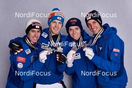 28.02.2015, Falun, Sweden (SWE): Stefan Kraft (AUT), Michael Hayboeck (AUT), Manuel Poppinger (AUT), Gregor Schlierenzauer (AUT), (l-r)  - FIS nordic world ski championships, ski jumping, medals, Falun (SWE). www.nordicfocus.com. © NordicFocus. Every downloaded picture is fee-liable.