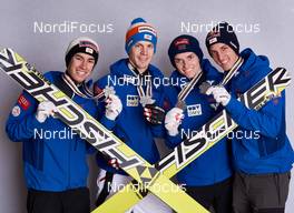 28.02.2015, Falun, Sweden (SWE): Stefan Kraft (AUT), Michael Hayboeck (AUT), Manuel Poppinger (AUT), Gregor Schlierenzauer (AUT), (l-r)  - FIS nordic world ski championships, ski jumping, medals, Falun (SWE). www.nordicfocus.com. © NordicFocus. Every downloaded picture is fee-liable.