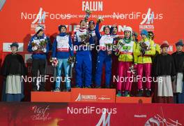 28.02.2015, Falun, Sweden (SWE): Stefan Kraft (AUT), Michael Hayboeck (AUT), Manuel Poppinger (AUT), Gregor Schlierenzauer (AUT), Anders Bardal (NOR), Anders Jacobsen (NOR), Anders Fannemel (NOR), Rune Velta (NOR), Piotr Zyla (POL), Klemens Muranka (POL), Jan Ziobro (POL), Kamil Stoch (POL), (l-r)  - FIS nordic world ski championships, ski jumping, team HS134, Falun (SWE). www.nordicfocus.com. © NordicFocus. Every downloaded picture is fee-liable.