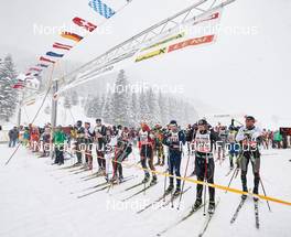25.01.2015, Tannheimer Tal, Austria (AUT): first start row ready for the 36 k race - Skitrail Tannheimertal (AUT) - Bad Hindelang (GER). www.nordicfocus.com. © Felgenhauer/NordicFocus. Every downloaded picture is fee-liable.