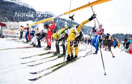 24.01.2015, Tannheimer Tal, Austria (AUT) - Bad Hindelang, Germany (GER): Christian Baldauf (AUT), Michael Mellert (GER), (l-r) get ready for the start - Skitrail Tannheimertal (AUT) - Bad Hindelang (GER). www.nordicfocus.com. © Felgenhauer/NordicFocus. Every downloaded picture is fee-liable.