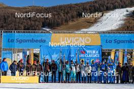 05.12.2015, Livigno, Italy (ITA): winners at the flower ceremony, Team Santander, Team Uniited Bakeries, Team Exspirit (l-r) - Ski Classics La Sgambeda, Prologue ProTeam Tempo, Livigno (ITA). www.nordicfocus.com. © Rauschendorfer/NordicFocus. Every downloaded picture is fee-liable.