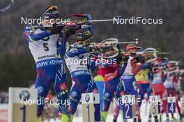10.01.2016, Ruhpolding, Germany (GER): Quentin Fillon Maillet (FRA), Simon Fourcade (FRA), Jean Guillaume Beatrix (FRA), (l-r) -  IBU world cup biathlon, mass men, Ruhpolding replacing Oberhof (GER). www.nordicfocus.com. © Manzoni/NordicFocus. Every downloaded picture is fee-liable.