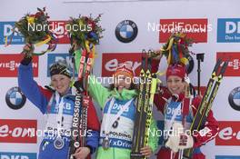10.01.2016, Ruhpolding, Germany (GER): Marie Dorin (FRA), Laura Dahlmeier (GER), Tiril Eckhoff (NOR), (l-r) -  IBU world cup biathlon, mass women, Ruhpolding replacing Oberhof (GER). www.nordicfocus.com. © Manzoni/NordicFocus. Every downloaded picture is fee-liable.