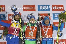 16.01.2016, Ruhpolding, Germany (GER): Martin Fourcade (FRA), Eric Lesser (GER), Evgeniy Garanichev (RUS), (l-r) -  IBU world cup biathlon, mass men, Ruhpolding (GER). www.nordicfocus.com. © Manzoni/NordicFocus. Every downloaded picture is fee-liable.