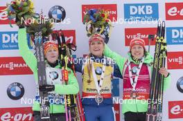 16.01.2016, Ruhpolding, Germany (GER): Franziska Hildebrand (GER), Gabriela Soukalova (CZE), Laura Dahlmeier (GER), (l-r) -  IBU world cup biathlon, mass women, Ruhpolding (GER). www.nordicfocus.com. © Manzoni/NordicFocus. Every downloaded picture is fee-liable.