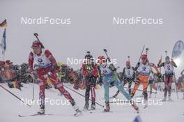 16.01.2016, Ruhpolding, Germany (GER): Synnoeve Solemdal (NOR), Rosanna Crawford (CAN), Olga Abramova (UKR), Lucie Charvatova (CZE), Lisa Theresa Hauser (AUT), (l-r) -  IBU world cup biathlon, mass women, Ruhpolding (GER). www.nordicfocus.com. © Manzoni/NordicFocus. Every downloaded picture is fee-liable.