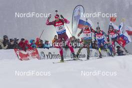 15.01.2016, Ruhpolding, Germany (GER): Andrejs Rastorgujevs (LAT), Eric Lesser (GER), Jean Guillaume Beatrix (FRA), Sven Grossegger (AUT), (l-r) -  IBU world cup biathlon, relay men, Ruhpolding (GER). www.nordicfocus.com. © Manzoni/NordicFocus. Every downloaded picture is fee-liable.
