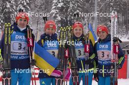 17.01.2016, Ruhpolding, Germany (GER): Juliya Dzhyma (UKR), Olena Pidhrushna (UKR), Iryna Varvynets (UKR), Valj Semerenko (UKR), (l-r) -  IBU world cup biathlon, relay women, Ruhpolding (GER). www.nordicfocus.com. © Manzoni/NordicFocus. Every downloaded picture is fee-liable.